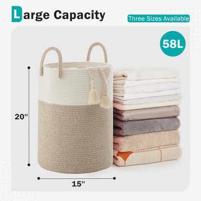 Cotton Rope Laundry Hamper by YOUDENOVA, 58L - Woven Collapsible Laundry Basket - Clothes Storage Basket for Blankets, Laundry Room Organizing, Bedroom Storage, Clothes Hamper – Brown