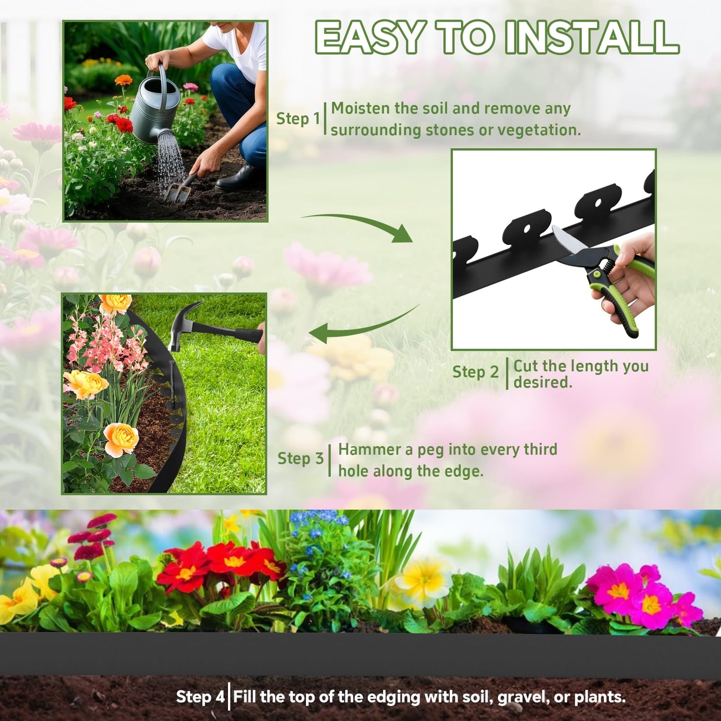‎Ergohortus Garden Edging, 32ft Landscape Edging with 50 Pegs, Plastic Garden Edging Border with 5cm High, Flexible for Lawn Edging, Flower Beds Edging, Paver Edging, Grass, Black