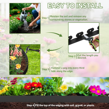‎Ergohortus Garden Edging, 32ft Landscape Edging with 50 Pegs, Plastic Garden Edging Border with 5cm High, Flexible for Lawn Edging, Flower Beds Edging, Paver Edging, Grass, Black