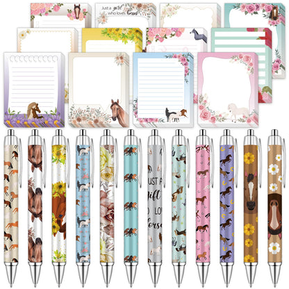 LIUBUJINGYING 24 PCS Horse Sticky Notes with Pen Cute Memo Notes Black Ink Ballpoint Pens Horse Lover Animal Lover Gifts,Teacher Appreciation Gifts Back to School Pens Small Bussiness Supplies