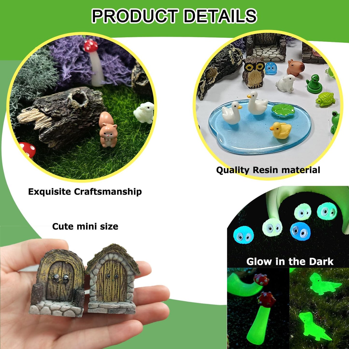 QuarenDen 40 Pcs Miniature Fairy Garden Accessories, Fairy Door, Miniature Tree Stumps and Tiny Resin Animal with Moss for DIY Craft, Outdoor Yard, Lawn, Fairy Garden Decor