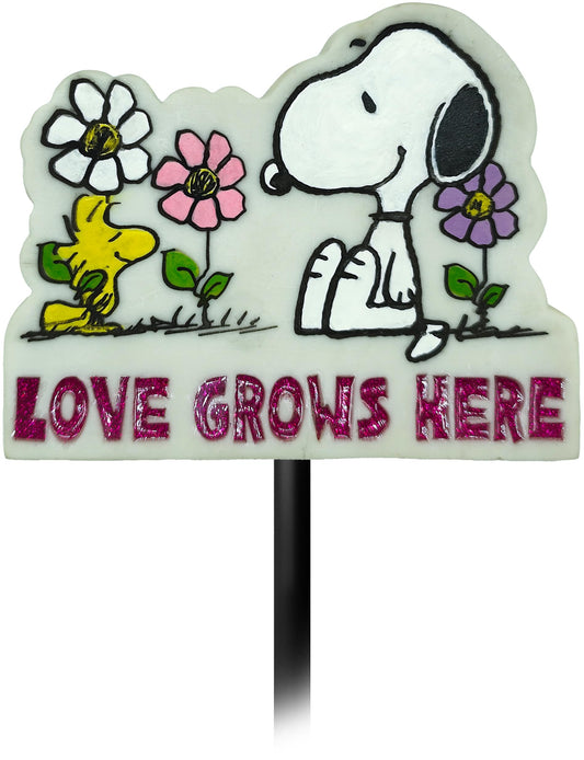 Spoontiques - Garden Décor - Garden Stake - Decorative Stake for Lawn and Yard - 24" High - Durable Weather Resistant Resin Sign for Home Décor - Peanuts Love Grows Here Garden Stake