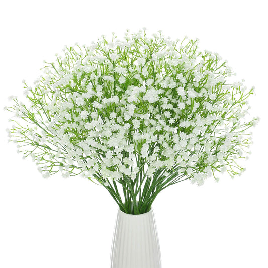 DuHouse 10Pcs Babys Breath Artificial Flowers Fake White Flowers Real Touch Gypsophila Floral in Bulk for Home Wedding Garden Decor (White Long Stem)