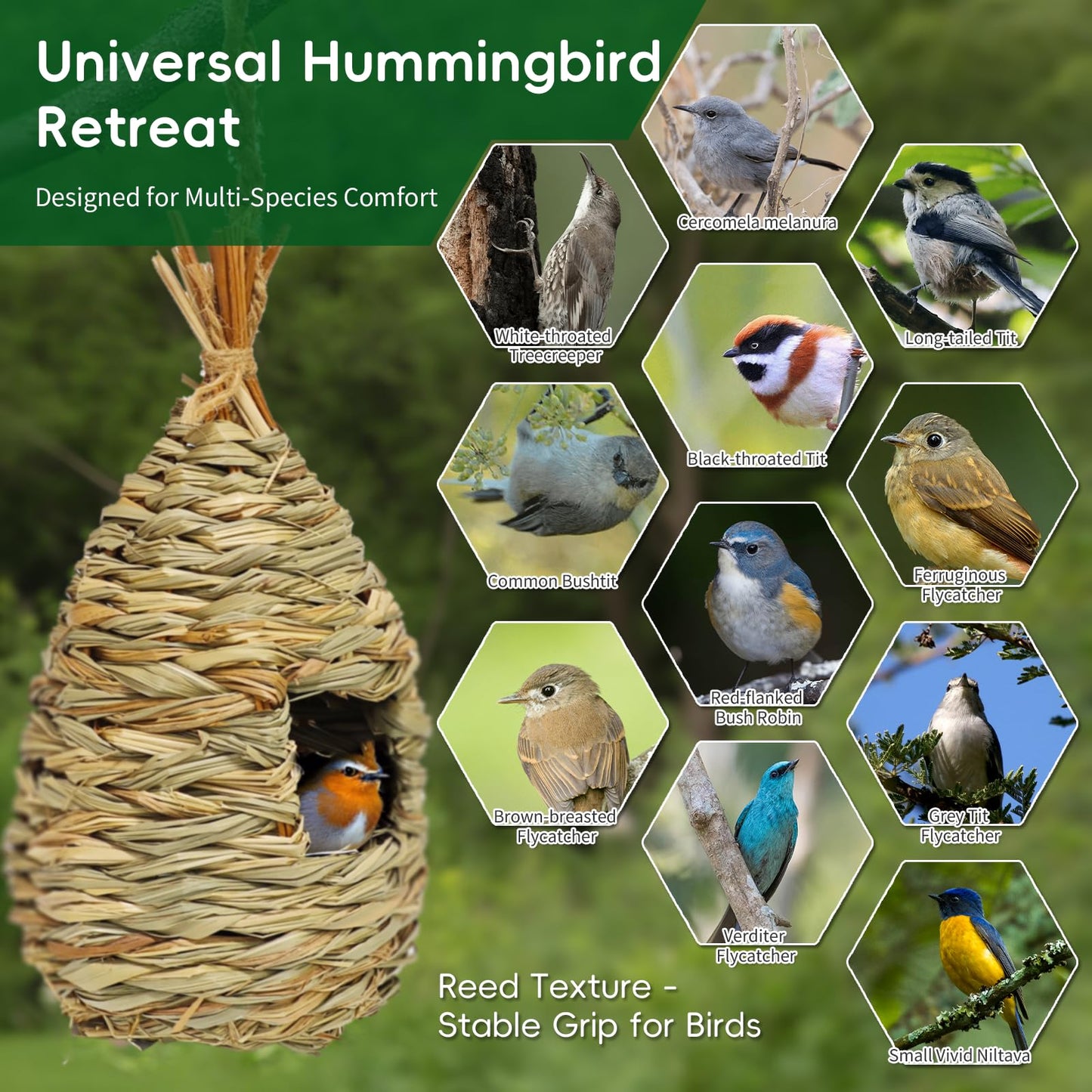 Gute Hummingbird Houses for Outside Hanging, Natural Grass Hanging Bird Hut, Hand Woven Hummingbird Nest, Large Wren Finch Bird House for Garden Window Outdoor Home Decoration, 3 Pack