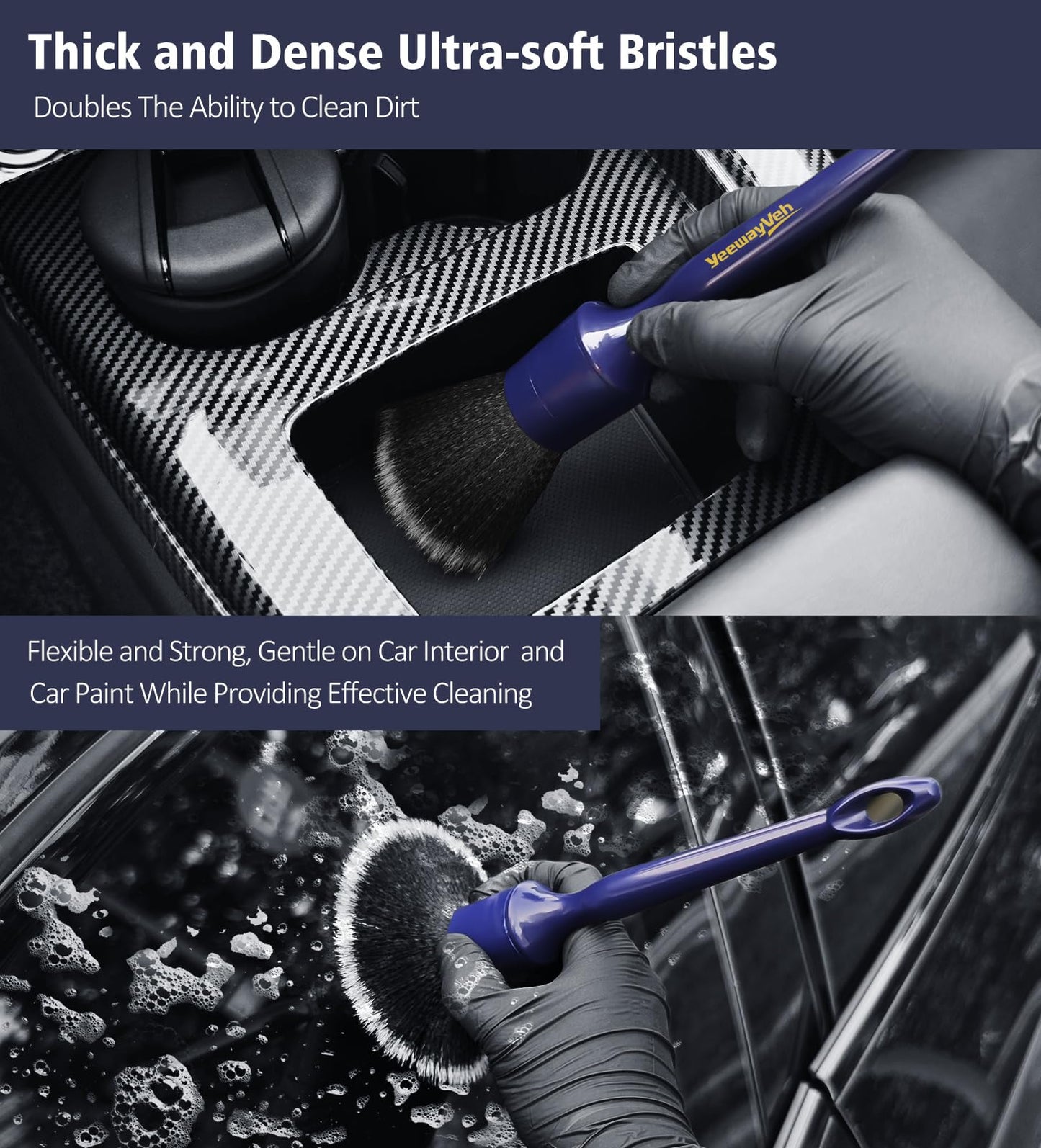 YeewayVeh 6PCS Car Detailing Brush Set, 3pcs Boars Hair Car Detailing Brushes, 3pcs Ultra Soft Detail Brush for Leather Seat Air Vents Engine Bay, Detail Brushes Car Detailing for Interior Exterior