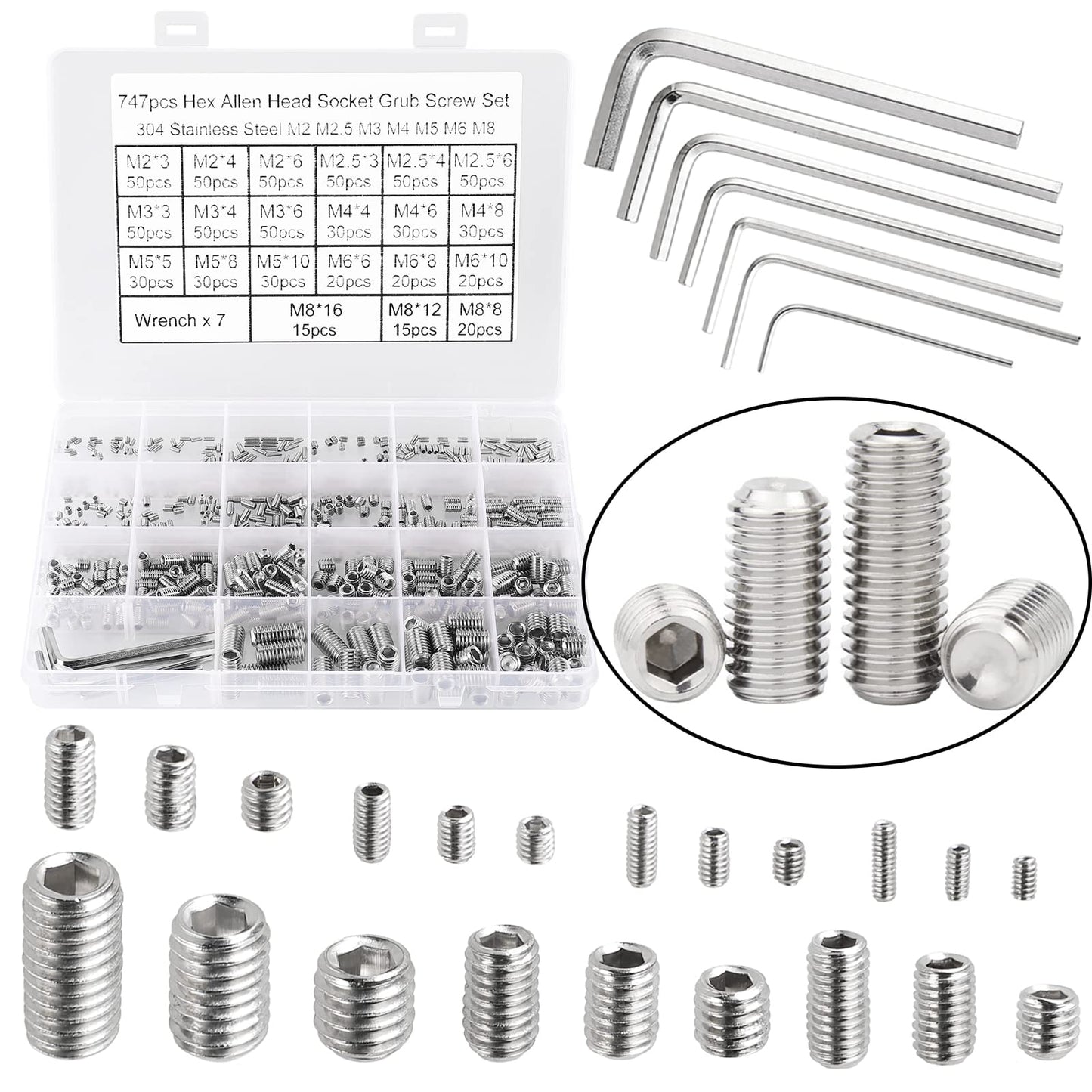 HanTof 747Pcs 21 Sizes Metric M2/M2.5/M3/M4/M5/M6/M8 Allen Head Socket Hex Grub Set Screws,Internal Hex Drive Headless Cup-Point Set Screws Assortment Kit with 7Pcs Hex Wrenches,304 Stainless Steel