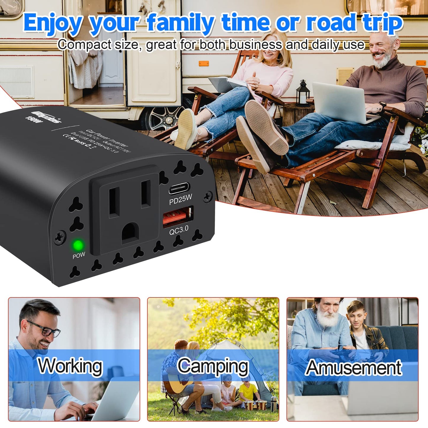 150W Car Power Inverter DC 12V to 110V AC Car Outlet Adapter Converter with PD 25W &QC3.0 USB Ports Laptop Car Charger