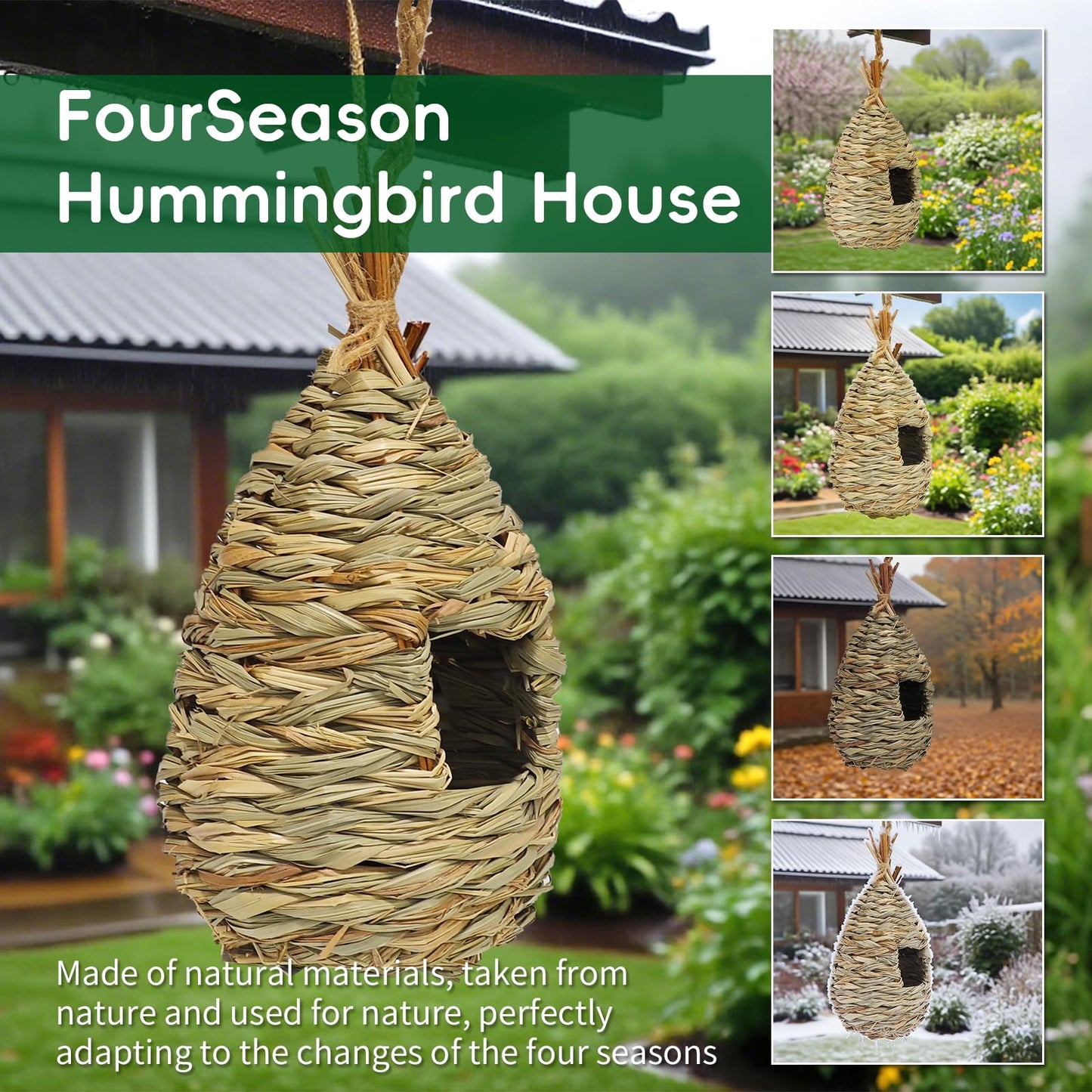 Gute Hummingbird Houses for Outside Hanging, Natural Grass Hanging Bird Hut, Hand Woven Hummingbird Nest, Large Wren Finch Bird House for Garden Window Outdoor Home Decoration, 3 Pack