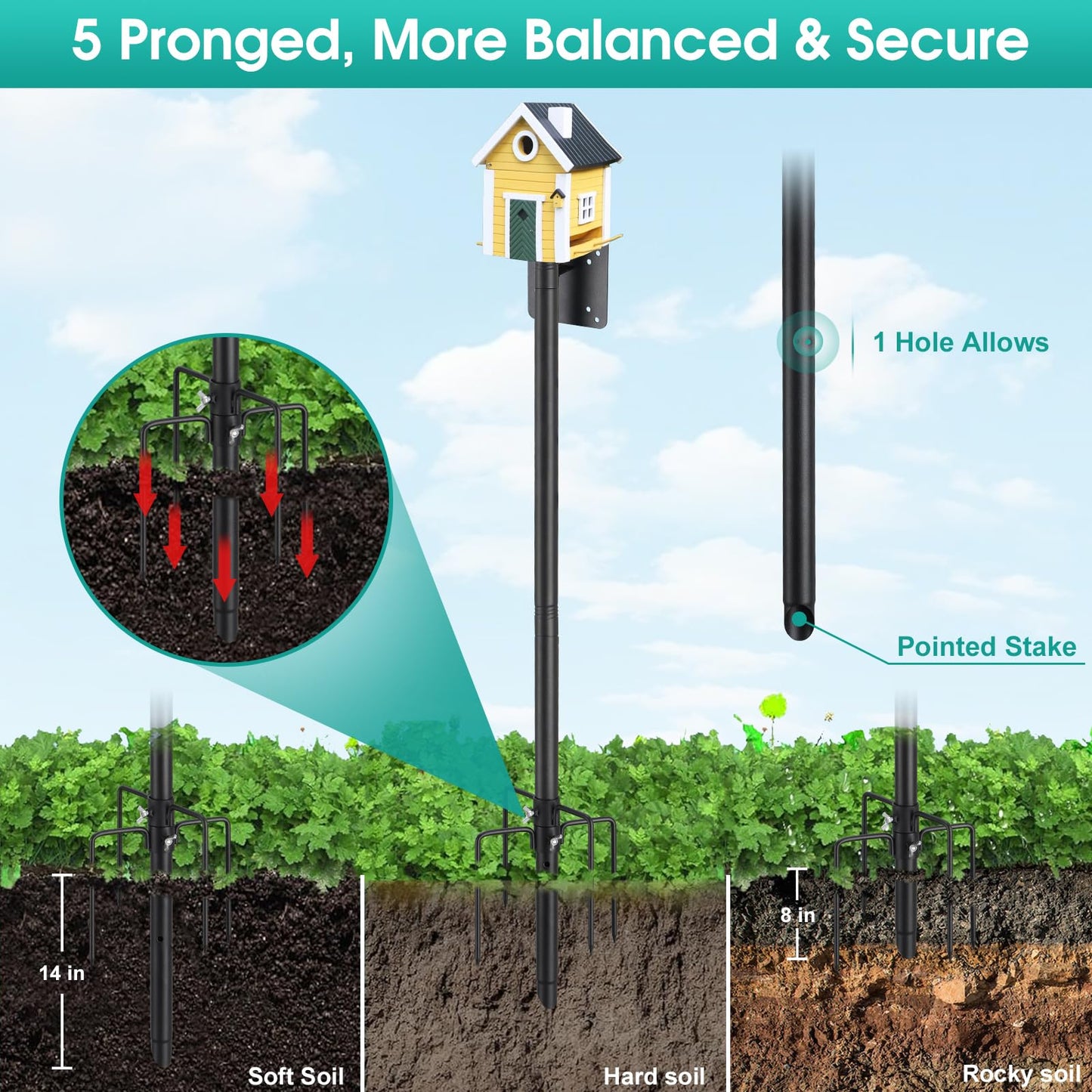 Bird House Pole,60 Inch Heavy Duty Bird Feeder Pole Mount Kit for Outdoors, 5-Prong Base, Splicing Adjustable Feeding Stand Station for Birds Watching,Weather Station (Birds House Not Included)