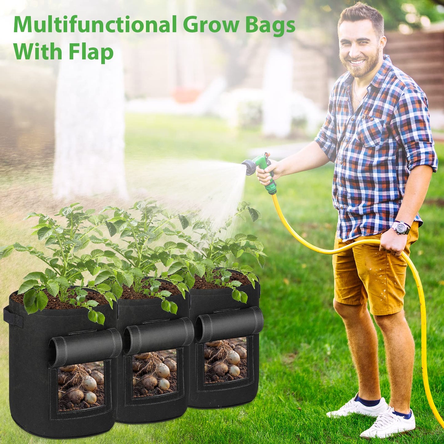 Sfee 10 Gallon Grow Bags, 3 Pack 400GSM Thickened Potato Grow Bags with Reinforced Handles, Double Layer Non-Woven Fabric Pots Heavy Duty Garden Bags to Grow Vegetables Carrot Onion+3 Garden Labels