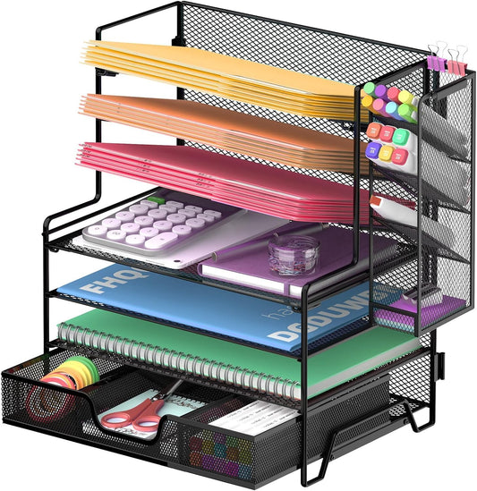 Reeplan 4 Tier Paper Organizer with File Holder and Pen Holder, 7 Tier Desk File Organizer, Desk Organizers and Accessories for Office Home School, Black
