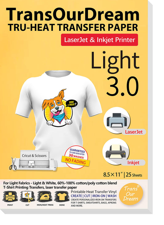 TransOurDream Printable HTV Heat Transfer Vinyl for Inkjet & Laser Printer (25 Sheets 8.5x11", Light 3.0) Iron on Vinyl for Light & White Fabrics Heat Transfers Paper for T Shirts (L3-25)