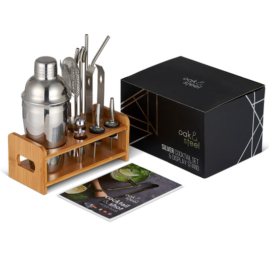 Oak & Steel Martini Cocktail Shaker Set - 13pc Stainless Steel Bartender Kit with Wooden Stand & Recipe Guide (500ml)