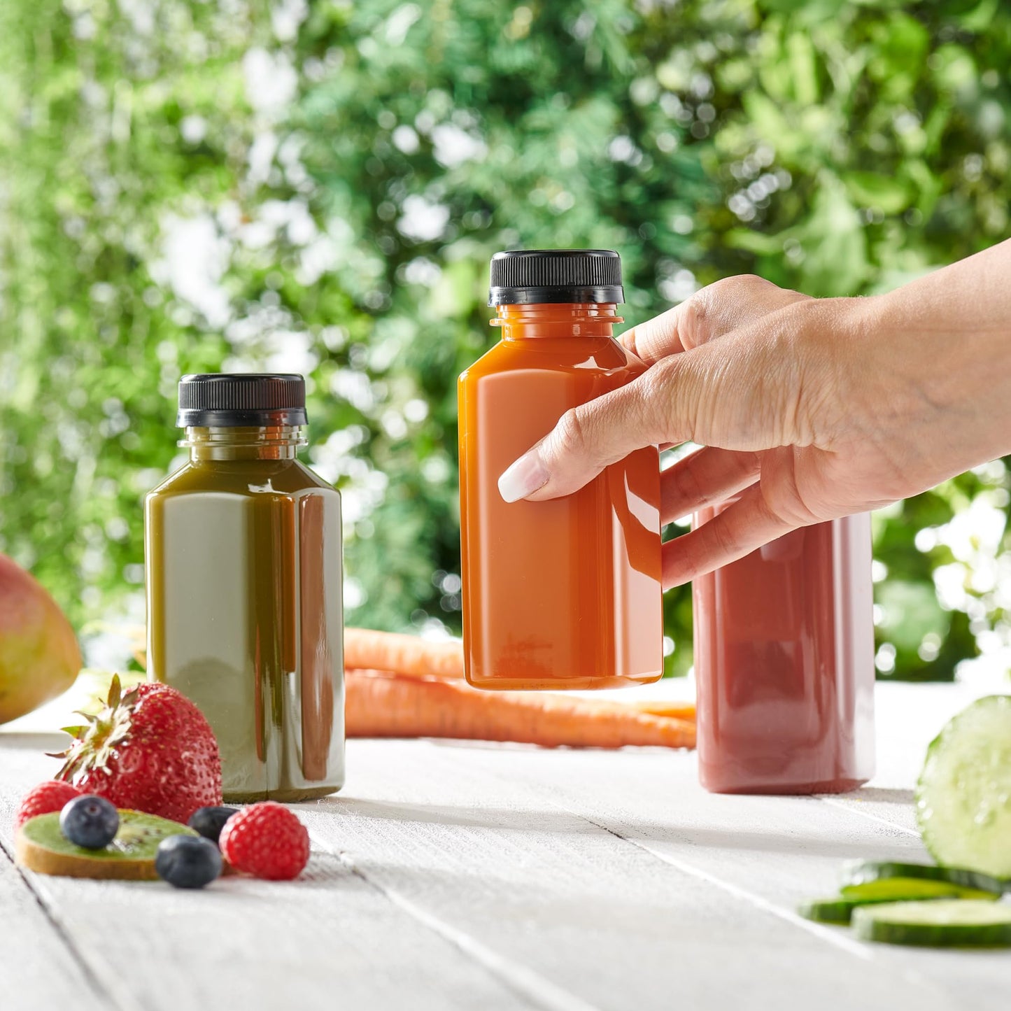 GUSTO [8 oz. - 25 Count] Reusable Juice Bottles With Caps, Labels, Brush, and Silicone Funnel - Clear Bottles with Caps, Juice Containers with lids, for All Beverages - Formerly Comfy Package