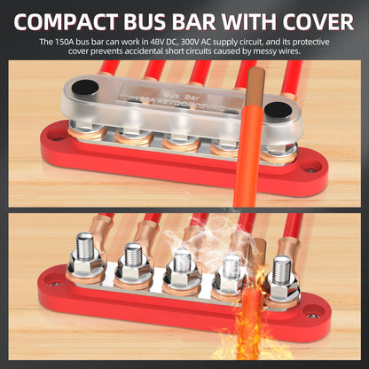 DAIERTEK Power Distribution Block with Cover 5 x 1/4" Studs Bus Bar Terminal Block Max 150A 48V DC 300V AC Positive & Negative for Automotive Car Marine