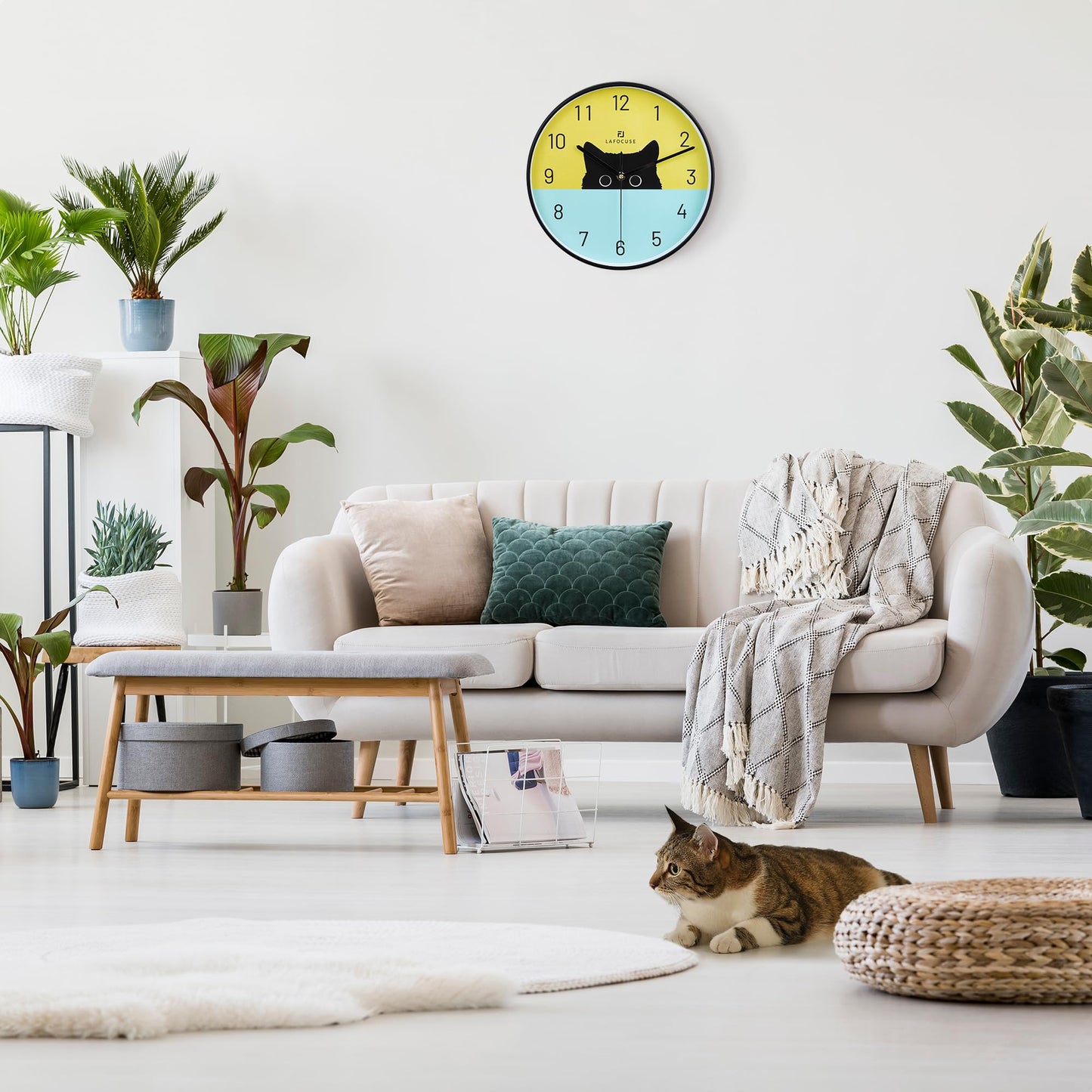 Lafocuse 12 Inch Silent Black Cat Wall Clock for Living Room, Horloge Murale Enfant Decorative Wall Clock for Home Decor, Battery Operated Modern Cute Kids Wall Clock for Kids Room Bedroom Playroom