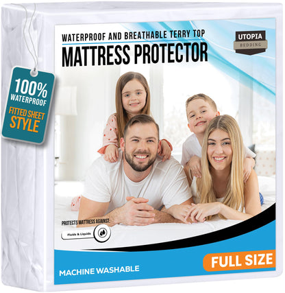 Utopia Bedding Waterproof Mattress Protector Full/Double Size, Premium Terry Mattress Cover 200 GSM, Breathable, Fitted Style with Stretchable Pockets (White)