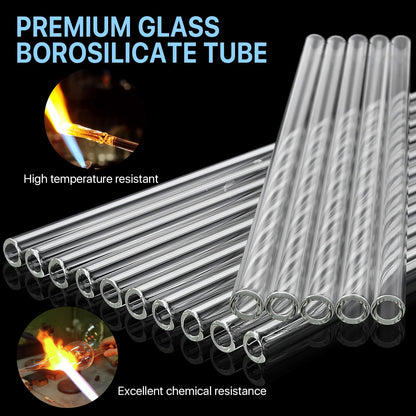 Worldity 20Pcs 12 Inch Long Glass Borosilicate Blowing Tubes, Industrial Glass Tubes for Glass Blowing 12mm OD, 8mm ID, 2mm Thick Wall Clear Glass Pipe with 4 Cleaning Brush for Laboratory Experiment
