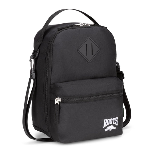 Roots Insulated Lunch Bag – Made from Recycled Polyester, with Exterior ID Label, Adjustable Shoulder Strap & 2 Zippered Compartments – 7L, Black