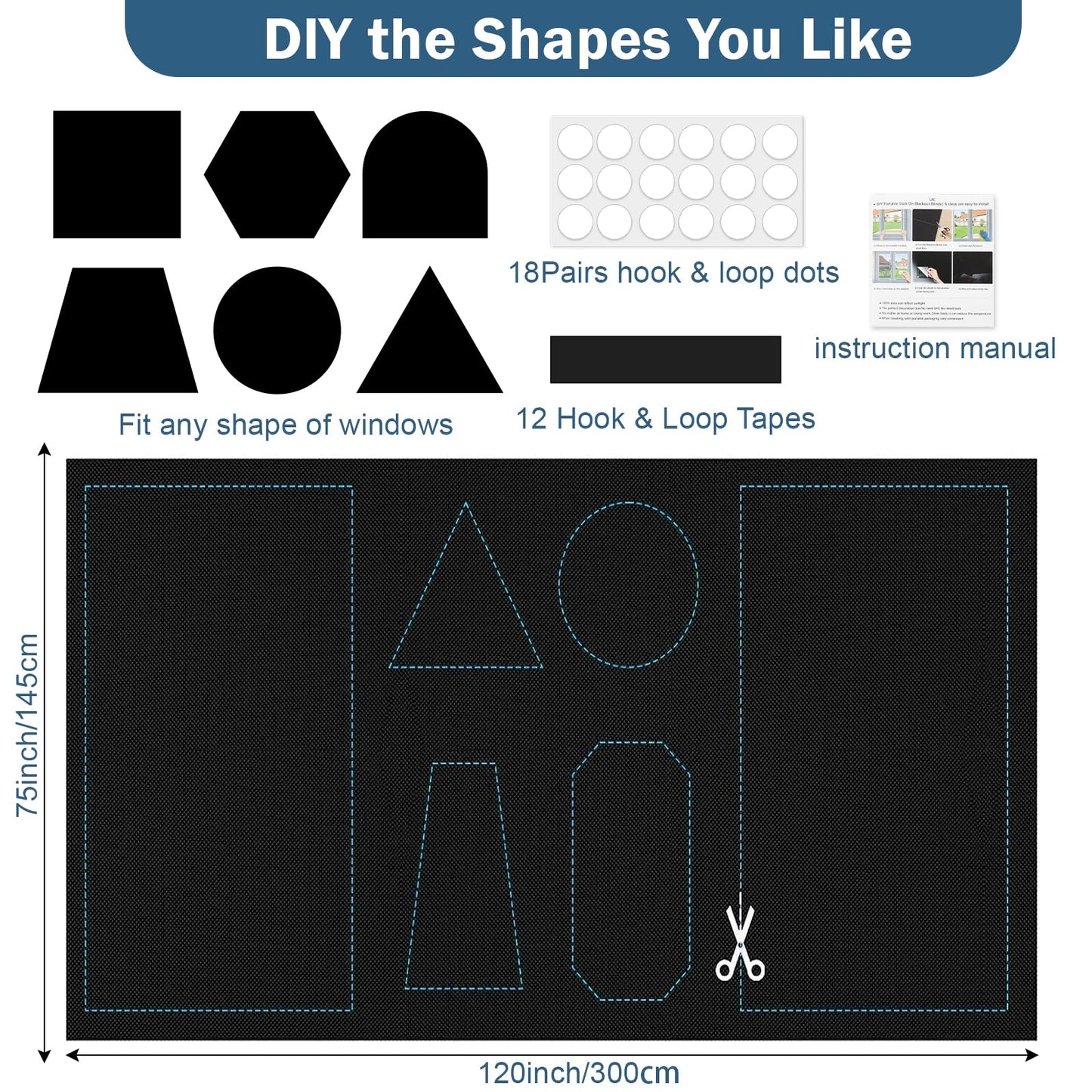 420D Blackout Curtains for Bedroom, 300x145 cm Portable Blackout Blinds with 12 Hook and Loop & 18 Adhesive for 100% Black-Out Window Film, Temporary Black Out Shades for Windows Cover Travel