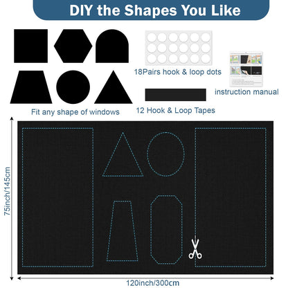 420D Blackout Curtains for Bedroom, 300x145 cm Portable Blackout Blinds with 12 Hook and Loop & 18 Adhesive for 100% Black-Out Window Film, Temporary Black Out Shades for Windows Cover Travel