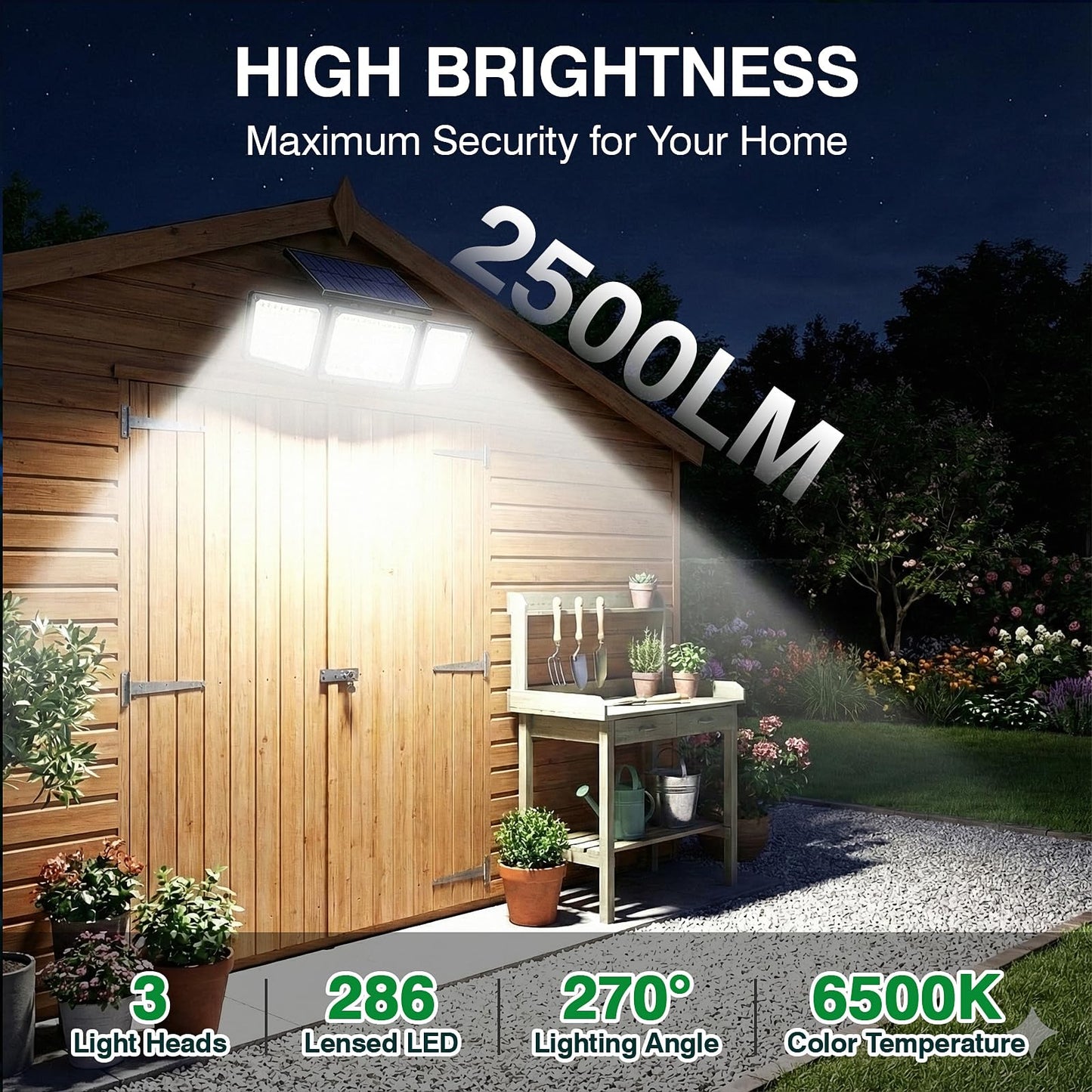Solar Motion Sensor Light Outdoor, 2500LM 286 LED Solar Outdoor Lights with Power Display & Mode Indicators - 6500K Adjustable 3-Head Flood Light, IP65 Waterproof for Garden, Garage, Yard - 2 Pack
