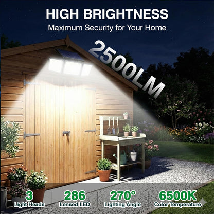 Solar Motion Sensor Light Outdoor, 2500LM 286 LED Solar Outdoor Lights with Power Display & Mode Indicators - 6500K Adjustable 3-Head Flood Light, IP65 Waterproof for Garden, Garage, Yard - 2 Pack