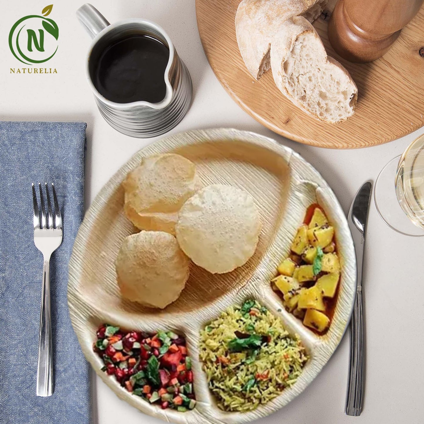 Naturelia 100% Compostable 12-Inch Palm Leaf Disposable 4 Partition Plates- Elegant, 100% Biodegradable, Natural & Eco Friendly, Wedding, Party, Picnic & Event Partition Plates