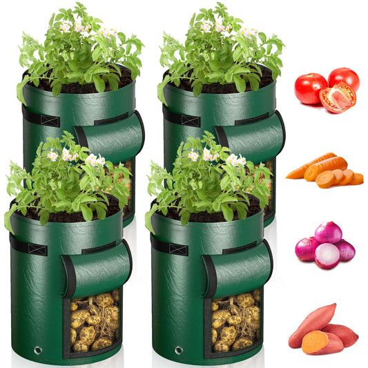 NAMTSO Potato Grow Bags 10 Gallon 4 Pack, Plant Grow Bags with Flap Window, Planting Bags for Vegetables with Drainage Holes, Potato Bags for Growing Potatoes Carrots Onions Tomatoes, Green