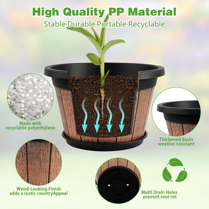 Quarut 4 Pack 10 inch Plant Pots,Whiskey Barrel Planters with Drainage Holes & Saucer,Plastic Decoration Flower Pots Retro Design,Planters for Outdoor Indoor Garden Home Plants (Brown)
