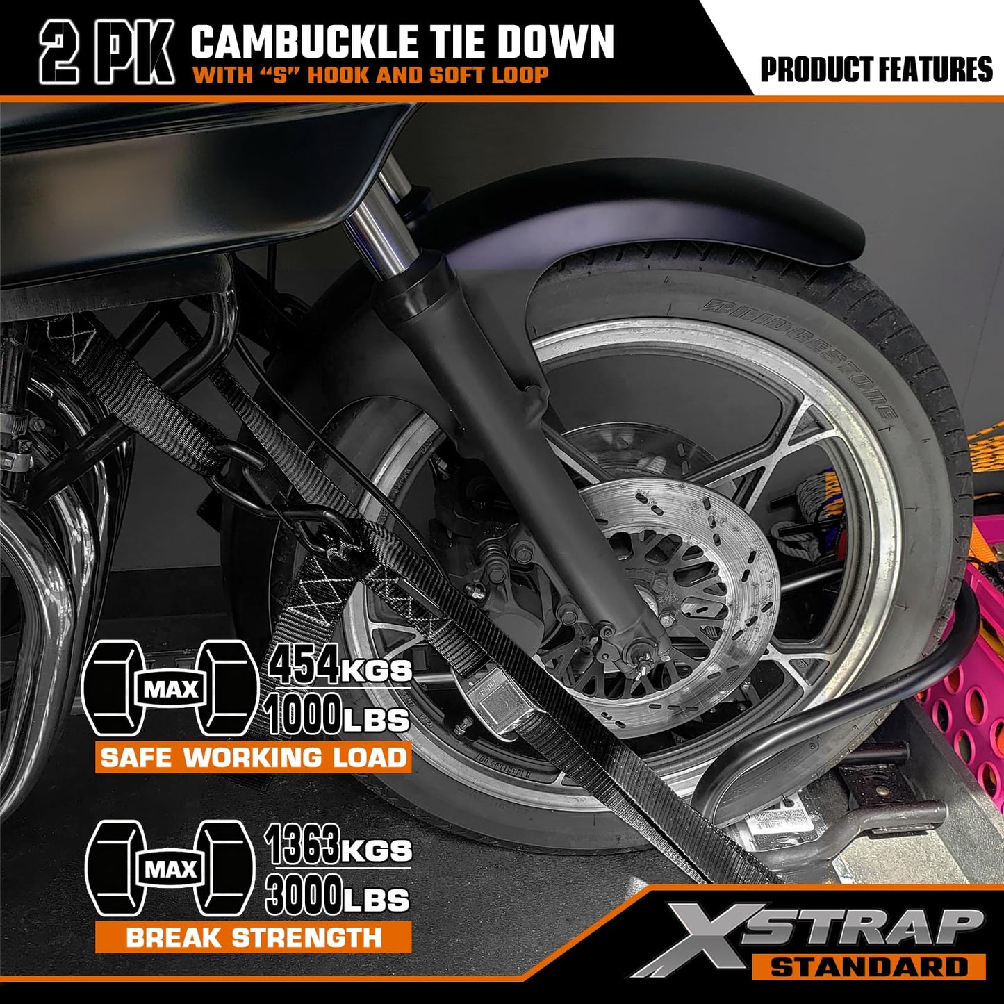 XSTRAP STANDARD Motorcycle Tie Down Straps (2 Pack) 3,000lb Break Strength, 1.5 in X 8FT Heavy-Duty Cambuckle Tie Down Set with S Hook and Soft Loops, Black