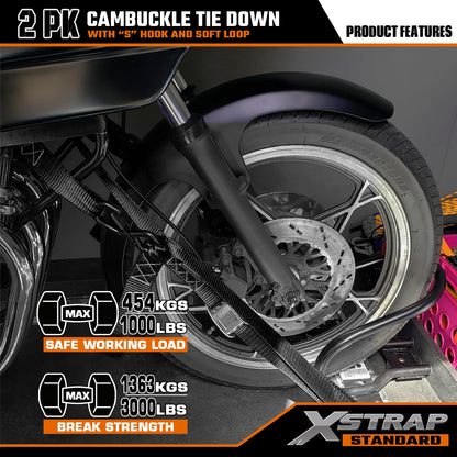 XSTRAP STANDARD Motorcycle Tie Down Straps (2 Pack) 3,000lb Break Strength, 1.5 in X 8FT Heavy-Duty Cambuckle Tie Down Set with S Hook and Soft Loops, Black
