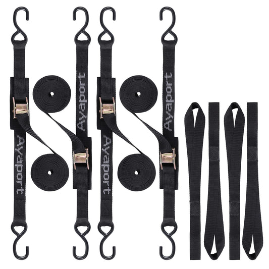 Ayaport Cam Buckle Tie Down Straps 10 feet 2200lbs Break Strength Securing Straps with S Hooks for Motorcycle, Kayak, Car, Truck, Dirt Bike, Pack of 4