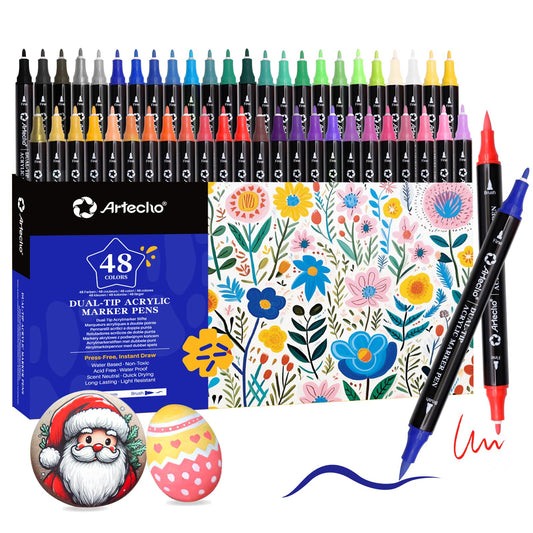Artecho Acrylic Paint Pens 48 Colors, Dual Tip Acrylic Paint Markers with Brush Tip and Fine Tip for Rock Painting, Glass, Paper, Wood, Egg, Canvas, Ceramic, Fabric, leather, DIY Crafts