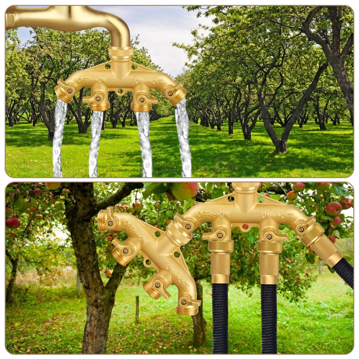 4 Way Garden Hose Splitter, 3/4" Heavy Duty Solid Brass Hose Connector with 4 Valves, 8 Gaskets +1 Seal Tapes, Hose Spigot Adapter for Garden/Home Life/Household Use