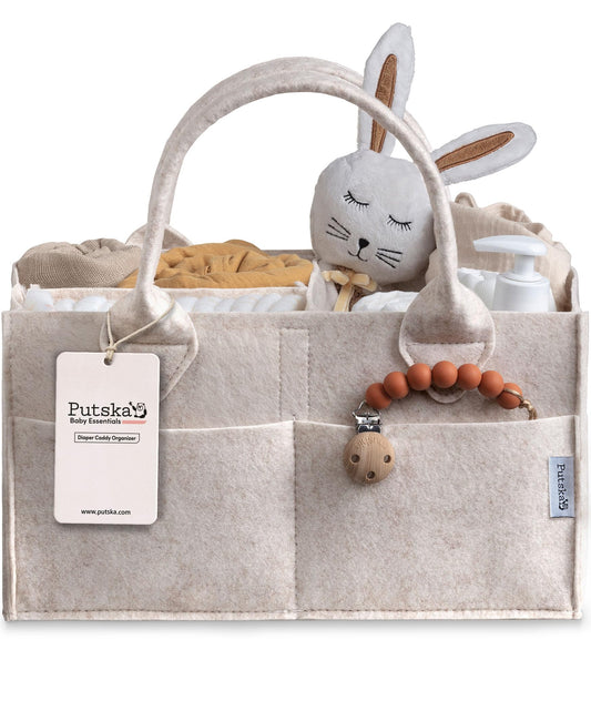 PUTSKA Baby Diaper Caddy Organizer - Nursery Storage Basket for Diaper Station, Baby Basket Shower Gift List and Registry Must-Have, Newborn Essentials, Nursery Decor for Boy or Girl - Mocha, Large