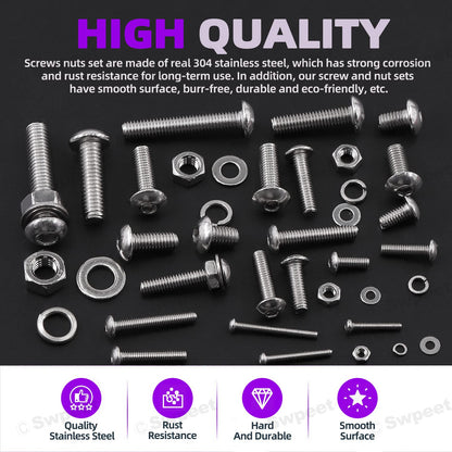 Swpeet 664Pcs M2 M3 M4 M5 M6 Metric 304 Stainless Steel Button Head Hex Socket Head Cap Bolts Screws Nuts and Hex Nuts with Flat Washers and Split Lock Washers Assortment Kit, Screws All Included