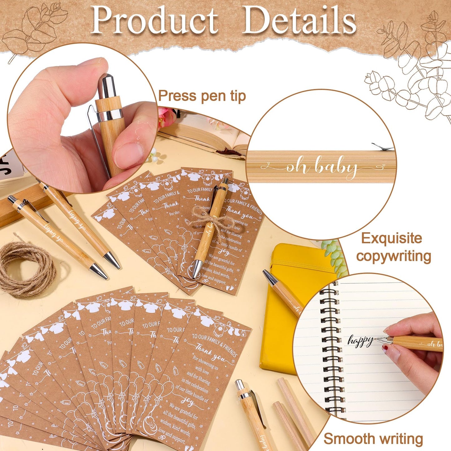36 Sets Baby Shower Favors for Guests Bamboo Retractable Ballpoint Pens Thank You Cards with Hemp Rope for Gender Reveal Party Game Prizes Souvenirs (Baby Shower)