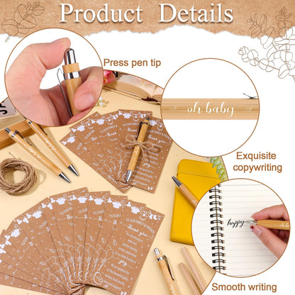 36 Sets Baby Shower Favors for Guests Bamboo Retractable Ballpoint Pens Thank You Cards with Hemp Rope for Gender Reveal Party Game Prizes Souvenirs (Baby Shower)