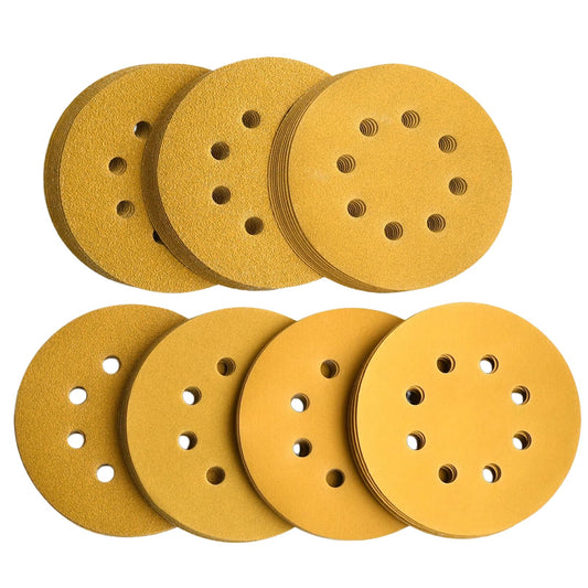 Aiyard 5-Inch 8-Hole Hook and Loop Sanding Discs, 60/80/120/150/220/320/400 Assorted Grits Gold Sanding Disc for Random Orbital Sander, 105-Pack