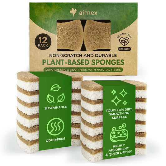 Pack of 12 Natural Sponges for Dishes - Made from Cellulose, Coconut & Recycled Fibres - Eco Friendly, Odour Free, Non Scratch Scrubbers for Kitchen & Bathroom - Green America & PETA Certified