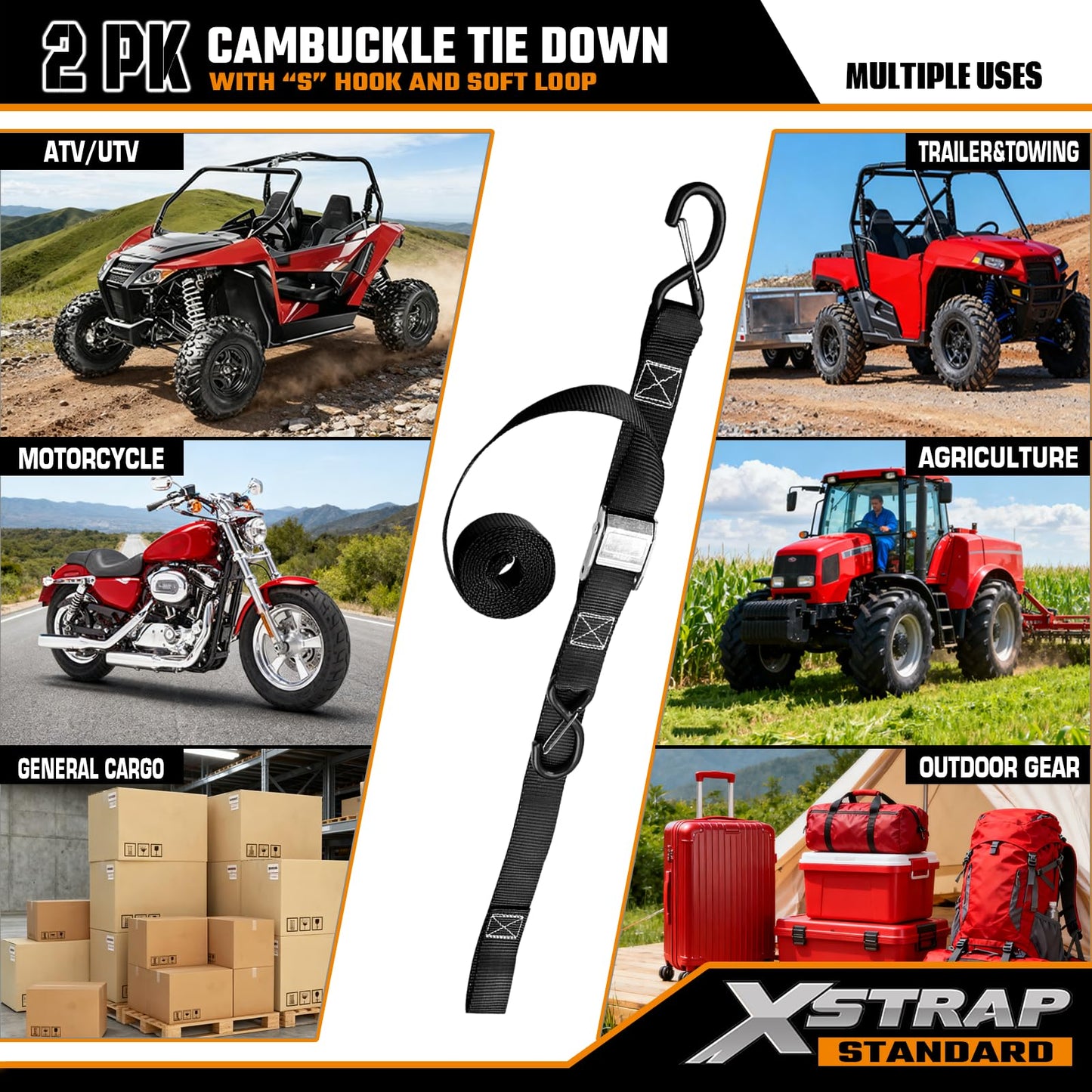 XSTRAP STANDARD Motorcycle Tie Down Straps (2 Pack) 3,000lb Break Strength, 1.5 in X 8FT Heavy-Duty Cambuckle Tie Down Set with S Hook and Soft Loops, Black