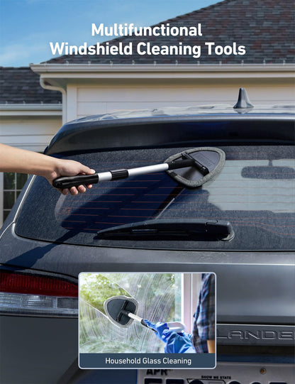 AstroAI Car Window Cleaner, Car Windshield Cleaning Tool with Telescopic and Extendable Handle, Inside with 4 Reusable and Washable Microfiber Pads, Auto Glass Wiper Kit, Grey-Triangle