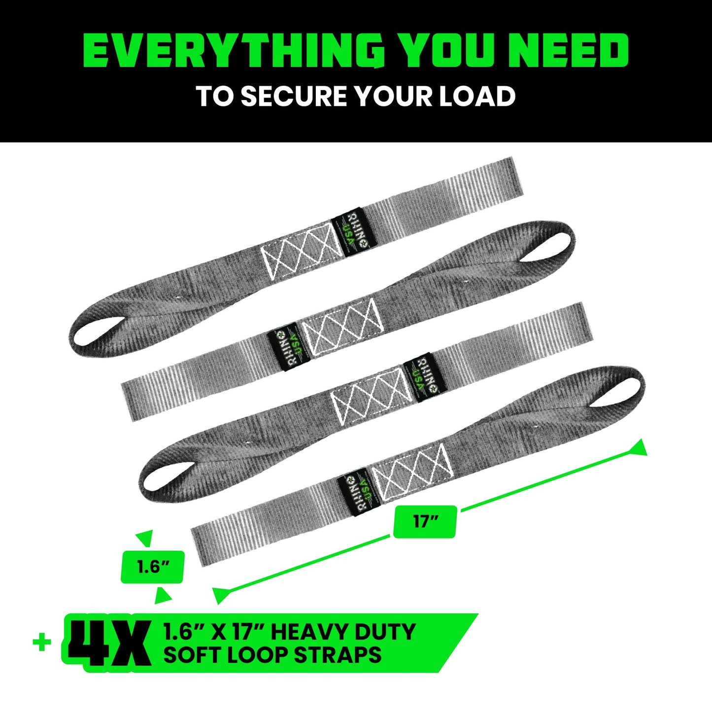 Rhino USA Soft Loop Tie Down Straps (4-Pack) - 1.6 Inch x 17 Inch (5,000 lbs Break Strength) Heavy Duty Motorcycle Straps for use with Ratchet Straps - Handlebar Straps for ATV, UTV, Dirt Bike (Gray)