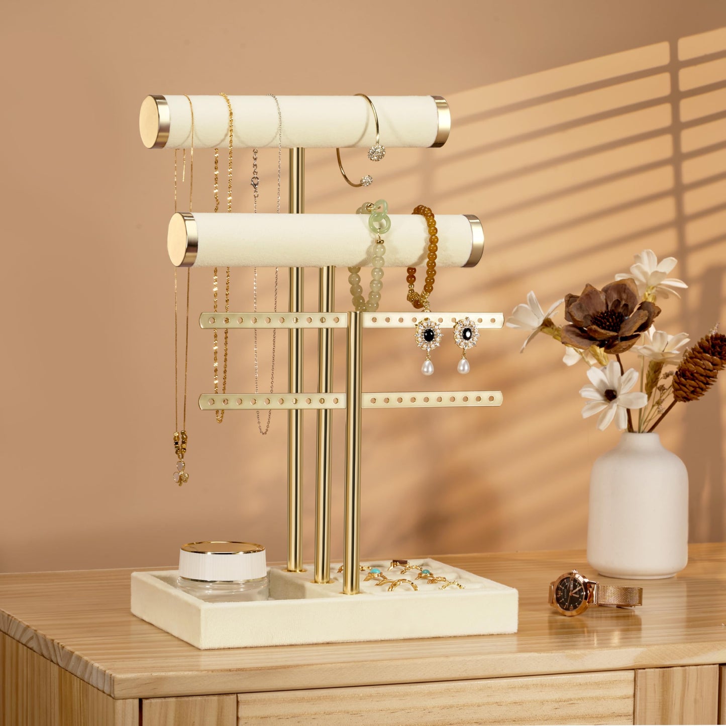 3 Tier Bracelet Holder Display - Beige Velvet Jewelry Organizer Stand, Detachable T Bar Jewelry Holder for Bracelet, Necklace, Watches, Rings, Earrings