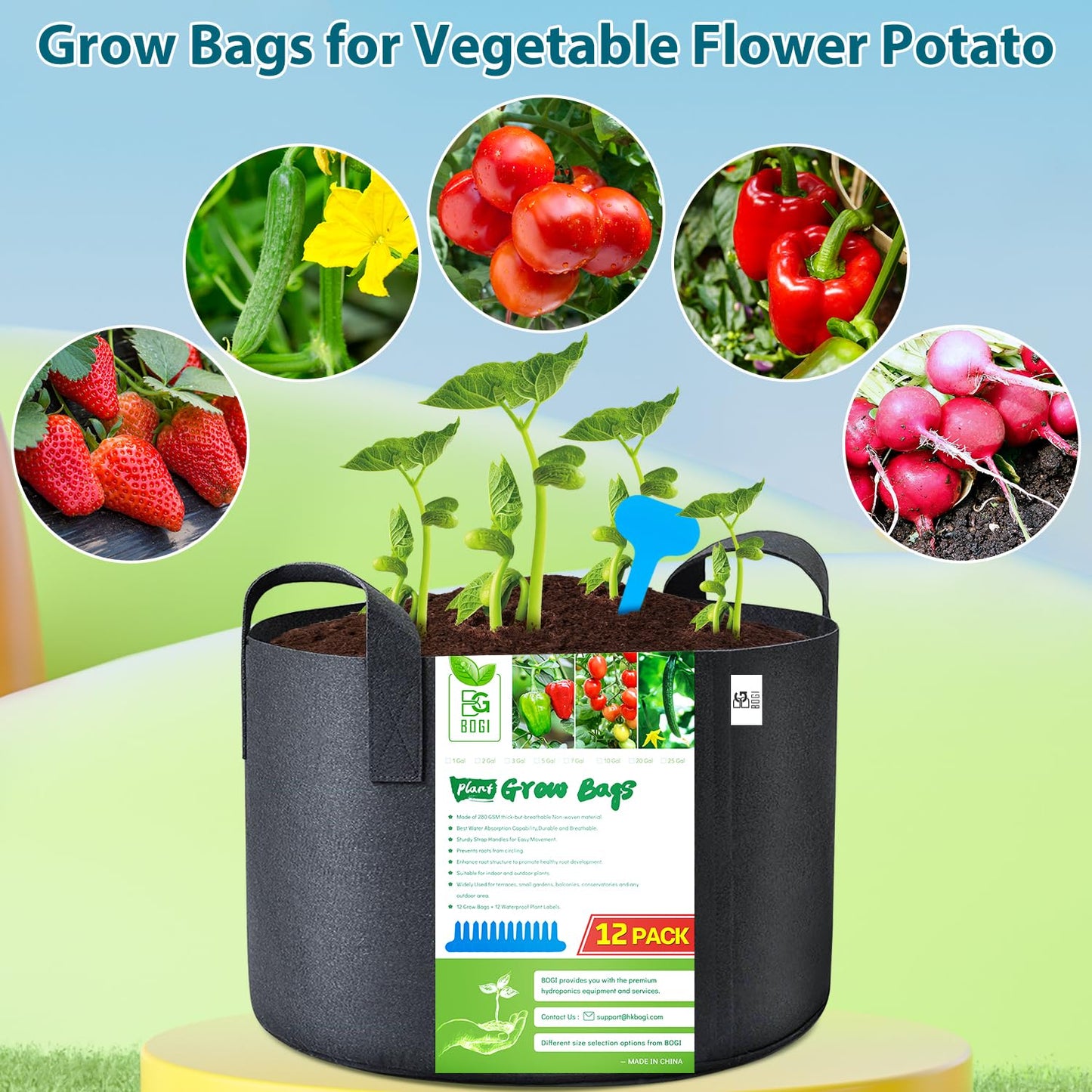 BOGI Grow Bags 12 Pack 5 Gallon Grow Bags Heavy Duty Thickened Nonwoven Grow Bag with Durable Habdles Fabric Pot for Vegetable Flower Potato Garlic Indoor Outdoor Plants + 12 Waterproof Plant Labels