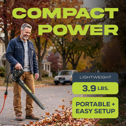 Sun Joe SBJ597E All-Purpose Electric Leaf Blower, 6-Amp Motor, 155 MPH, 260 CFM, Black - Lightweight & Compact, One-Hand Operation for Yards, Porches, Patios, Walkways, Decks, Garage & Light Snow