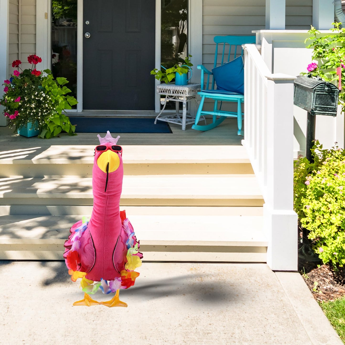 Lyreh Porch Goose Flamingo Outfit, SummerCostume with Wreath & Lawn Statue Clothes for Outdoor Patio Yard Garden Decoration