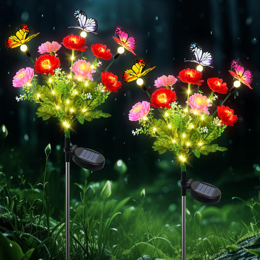 Fohil Solar Garden Lights Decor, 2 Pack Solar Flower Lights with Butterfly, Waterproof Solar Lights Outdoor for Garden Yard Patio Lawn Pathway Decoration