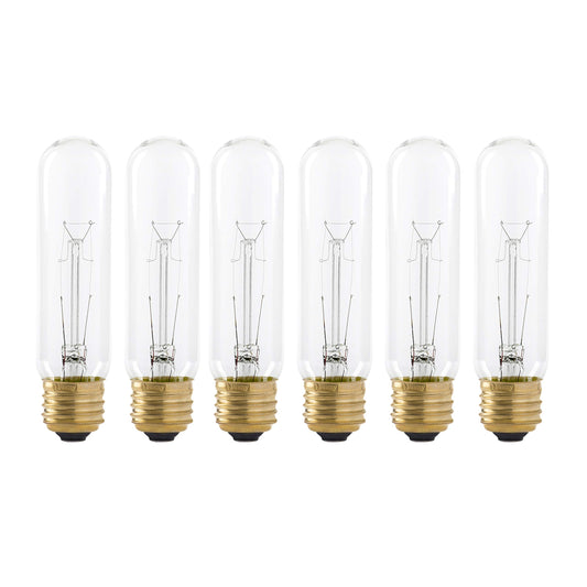 40 Watt T10 Clear Tubular Incandescent Light Bulb, 2700K Soft White, E26 Medium Base, 280 Lumens, 120V, (6 Pack)